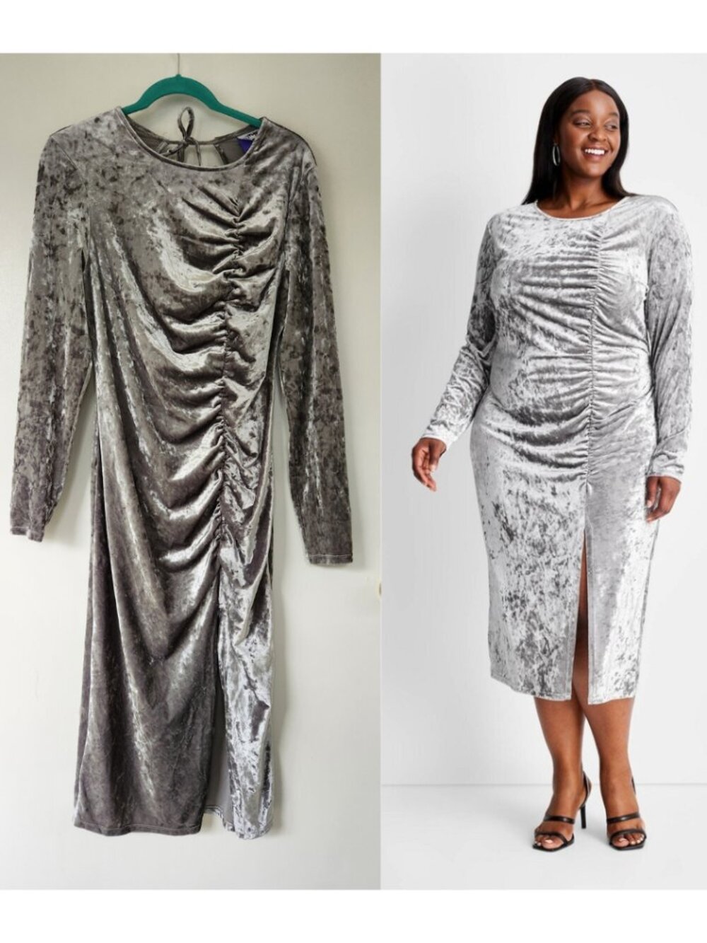 Future Collective Silver Velvet Bodycon Midi Dress XL Long Sleeve Open Back